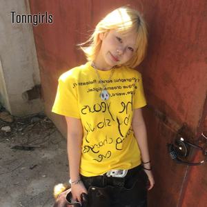Tonngirls 빈티지 프린트 레터 티셔츠 여성 반팔 슬림 Y2k 일본 티셔츠 streetwear 2000s 미적 그런지 탑