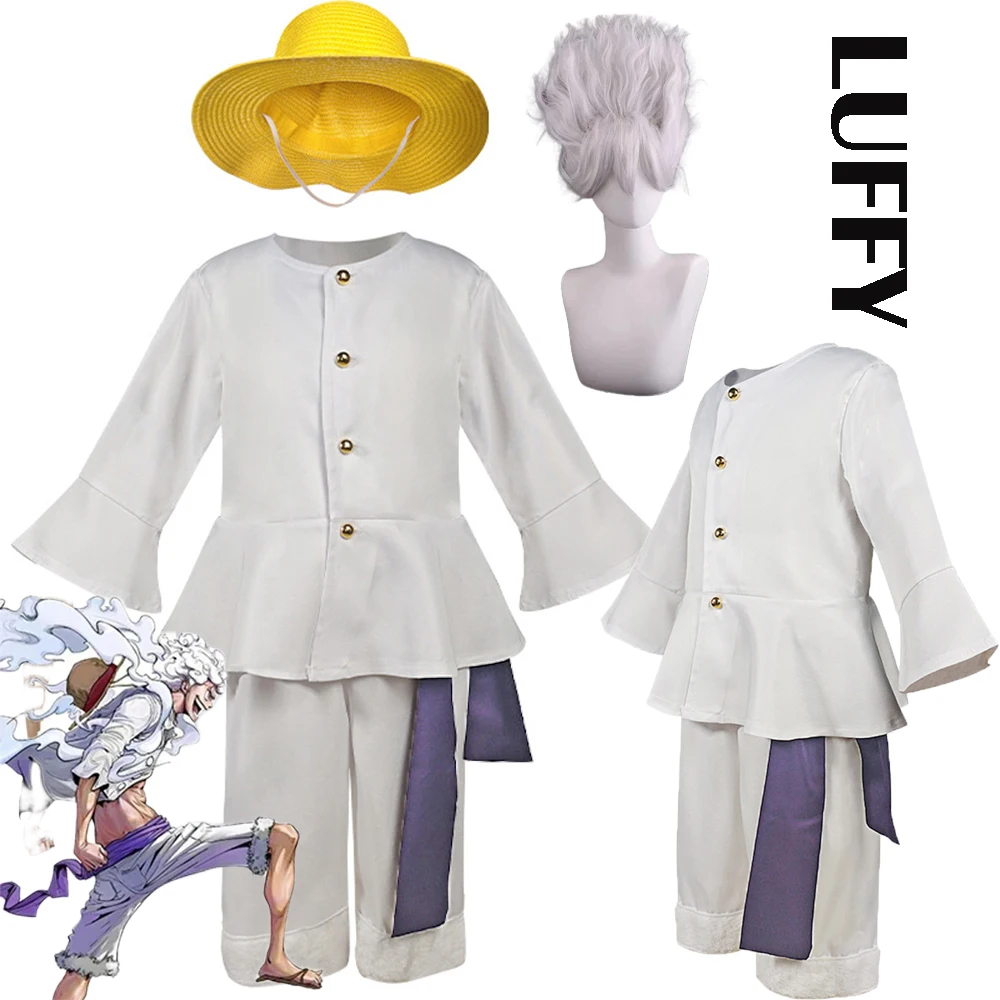 Luffy Cosplay Gear 5 Anime Monkey D Luffy 코스프레 의상 밀짚 모자 가발 국가 태양 신 Nika Form White Suits 할로윈 의상