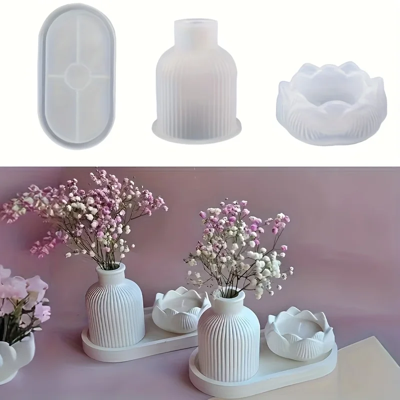 연꽃 줄무늬 꽃병 트레이 실리콘 몰드 세트 DIY 에폭시 수지 석고 몰드 꽃꽂이 아로마 클레이 공예 홈 데코레이션