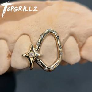 TOPGRILLZ 기하학적 싱글 스켈레톤 아이스드 아웃 스타 지르콘 치아 그릴즈 빈티지 CZ 스톤 치아 캡 여성 남성 할로윈 선물