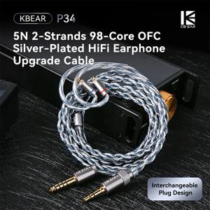 KBEAR P34 이어폰 업그레이드 케이블, 5N 2가닥, 98코어 OFC 은도금, 교체 가능한 플러그 디자인, 3.5/4.4mm, MK3용.