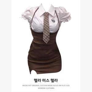 HELA 아메리칸 칼리지 스타일 레트로 랩 스커트 세트 여성 여름 퓨어 디자이어 스트랩 드레스 셔츠 투피스 세트 긴팔