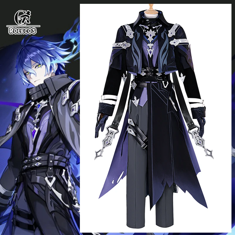 ROLECOS 게임 Genshin Impact Flins 코스프레 의상 Shadowy Lights Stranger Wights Flins 남성 정장 할로윈 역할 파티 복장