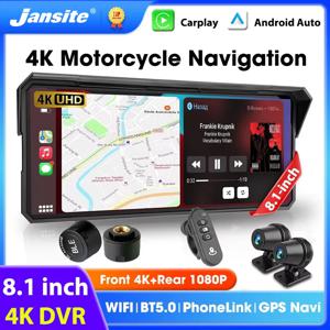 Jansite 8.1인치 오토바이 카플레이 4K+1080P 듀얼 렌즈 IPX7 방수 무선 카플레이 및 안드로이드 오토 모토 GPS 네비게이션