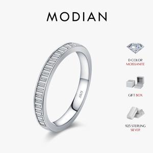 MODIAN 눈부신 D 컬러 직사각형 모이사나이트 스택형 반지 925 스털링 실버 영원한 밴드 반지 여성용 고급 주얼리