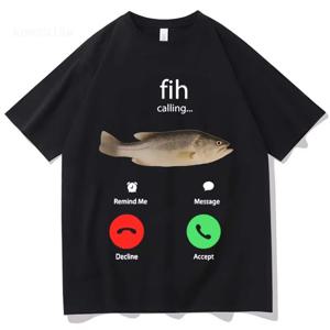 Fih Calling Remind Me 메시지 거부/수락 전화 통화 물고기 티셔츠 재미있는 어부 의상 티셔츠 남녀 공용 캐주얼 면 티셔츠