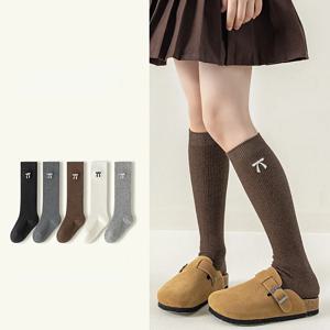 봄 가을 여아 무릎 길이 양말 면 리본 자수 양말 3-12세 어린이용 단색 달콤한 롱 튜브 스타킹