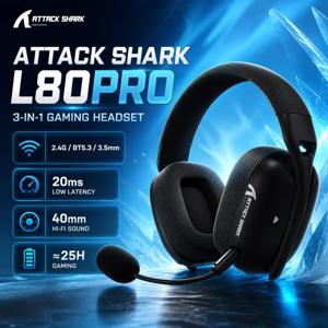 ATTACK SHARK L80Pro 게이밍 헤드셋, 블루투스 5.3, 2.4GHz 무선 및 3.5mm 유선 연결 지원, 40mm 드라이버, 듀얼 마이크, 300mAh 배터리