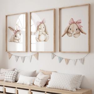 3pcs 만화 어린이 핑크 리본 토끼 벽 아트 프린트 캔버스 그림 포스터 거실 홈 데코