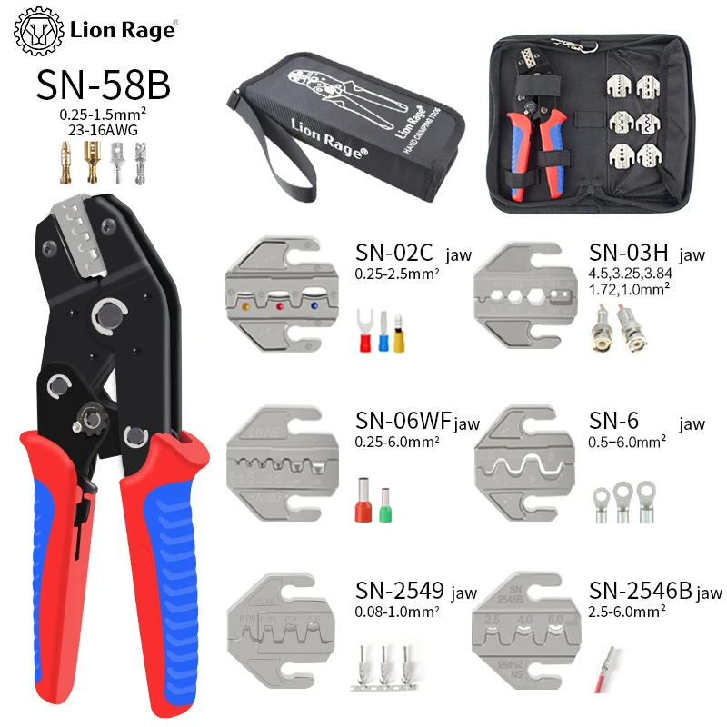 XH2.54/DuPont2.54/2.8/4.8/6.3/절연되지 않은/단자형 단자(0.25-1.5mm²)용 래칫 압착 공구 SN-58B 플라이어 세트 (23-16AWG)