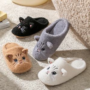 미끄럼 방지 부드러운 플러시 고양이 슬리퍼 여성 남성 공용 따뜻한 플리스 실내 슬리퍼 가을 겨울 홈 컴포트