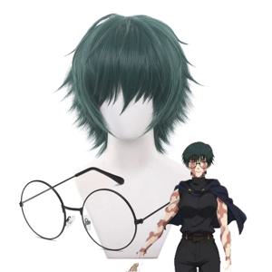 Jujutsu Kaisen 마코토 요시히토 캐릭터 가발 합성 섬유 짧은 녹색 머리 안경 마법사 고래 테마 할로윈 파티