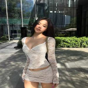 Y2K 슬림 레이스 스커트 여성 투피스 세트 여름 섹시 V넥 긴팔 크롭탑 한국 스트릿웨어 로우 웨이스트 미니 스커트 슈트