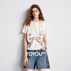 TOYOUTH 여성 티셔츠 2026 여름 신상 어깨 슬리밍 실크 스카프 페이크 투피스 휴가 스타일 탑