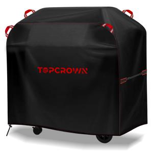 [Tc-420D 레드 라인 바베큐 커버] 탑크라운 야외 바베큐 그릴 커버, 자외선 차단 420D 옥스포드 천 소재, 조절 가능한 스트랩이 있는 방풍 디자인, Char-Broil/Nexgi 등 브랜드와 호환 가능.
