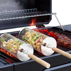 원형 바베큐 그릴 바구니 세트, 스테인리스 스틸 롤링 BBQ 케이지, 와이어 메쉬 실린더 그릴 랙, 야외 캠핑 필수품