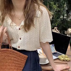 레이스 트림 반팔 니트 가디건 여성 여름 얇은 빈티지 탑 속이 비치는 꽃무늬 디자인 V넥 자외선 차단
