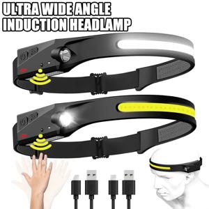 LED COB 유도 헤드램프 USB 충전식 헤드라이트 5가지 조명 모드 램프(야외 캠핑 낚시용 내장 배터리 포함)