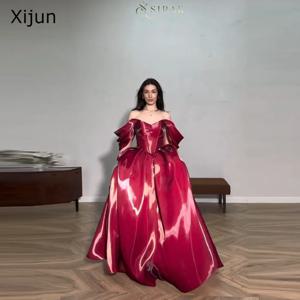Xijun 모던 레드 이브닝 드레스 오프 숄더 A 라인 생일 파티 드레스 코르셋 샤이니 바닥 길이 댄스 파티 드레스 맞춤형