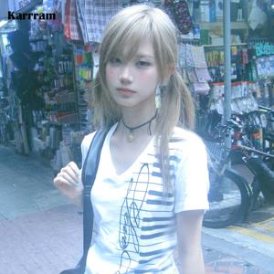 Karrram 일본 Y2k 피아노 키 프린트 티셔츠 빈티지 하라주쿠 브이넥 탑 Trashy 2000년대 스타일 반팔 티셔츠 아메리칸 레트로