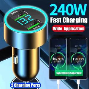 240W 차량용 충전기 고속 충전 2 USB 포트 어댑터 아이폰 삼성 샤오미용 디지털 디스플레이가 있는 퀵차징 충전기