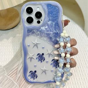 여름 거북이 해양 요소 물결무늬 테두리 폰 케이스 아이폰 18 17 16 15 14 13 12 11 Pro Max Plus 17E 투명 비즈 스트링 커버