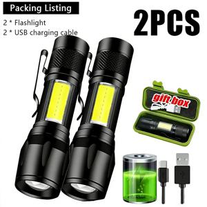 강력한 미니 LED 손전등 COB XPE 줌 토치 내장 배터리 USB 충전식 펜 클립 포함 야외 캠핑 비상 램프