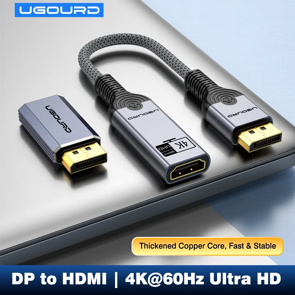 UGOURD DisplayPort DP-HDMI 어댑터 남성-여성 4K 60Hz 30Hz 2K 144Hz UHD 오디오 동기화 플러그 앤 플레이 노트북 게임용 모니터용