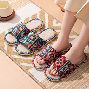 민족 스타일 린넨 플립플랍 여성 남성용 미끄럼 방지 캐주얼 커플 슬리퍼 레트로 컬러 블록 오픈토 샌들 홈/해변용