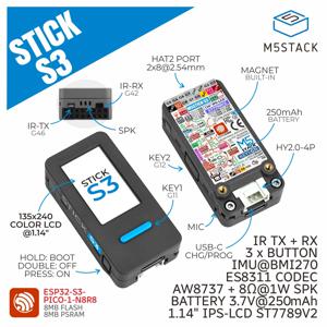 M5Stack 공식 StickS3 ESP32-S3 AI 음성 어시스턴트 IoT 컨트롤러 1.14인치 LCD 6축 IMU 마이크 스피커 IR 250mAh 배터리