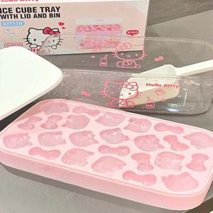 산리오 헬로키티 뚜껑이 있는 밀폐형 아이스 큐브 몰드, DIY 만화 캐릭터 푸시버튼 실리콘 아이스 보관함, 가정용 제빙기에 적합