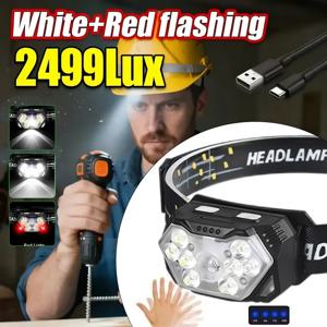 새로운 2000LM 울트라 브라이트 9 LED 헤드램프 USB C 충전식 헤드라이트 10가지 모드 방수 모션 센서 헤드 램프 작업용 손전등