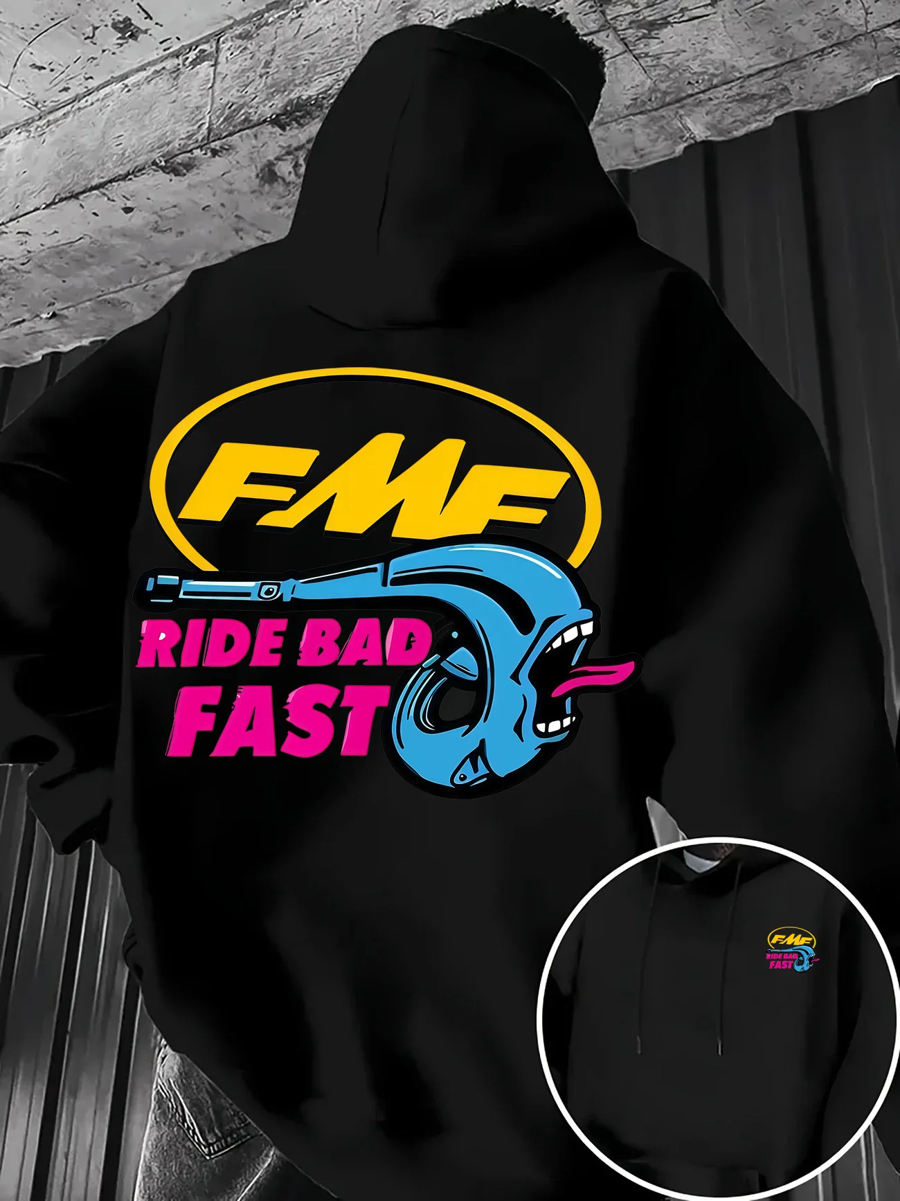 루즈 레트로 FMF 배기 로고 라이드 배드 패스트 그래픽 후디 남성용 오프로드 모토크로스 프린트 플리스 풀오버 스트리트 후드 스웨트셔츠