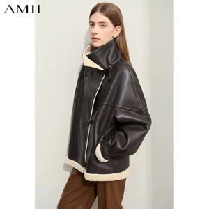 AMII 미니멀리스트 심플 통근용 인조 가죽 자켓 여성용 2026 겨울 두꺼운 따뜻한 라펠 PU 퍼 여성 시크 오버코트 12424007