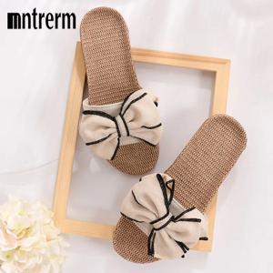 Mntrerm 2024 홈 슬리퍼를위한 새로운 캐주얼 스니커즈 여름 나비 매듭 부드러운 바닥 여성 실내 플랫 신발 귀여운 리넨 슬리퍼 Terlik