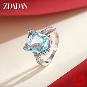 여성을위한 ZDADAN 925 스털링 실버 패션 아쿠아 마린 보석 반지 웨딩 파티 보석 선물 도매
