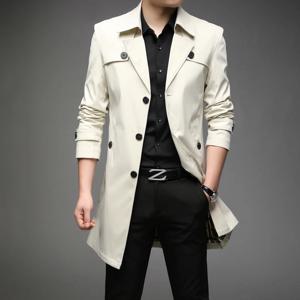 남성 긴 트렌치 코트 Hight Quality Button Windbreaker Mens 패션 턴 다운 칼라 솔리드 트렌치 겉옷 플러스 사이즈