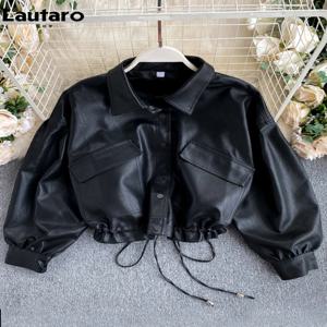 Lautaro-여성용 짧은 PU 가죽 재킷, 블랙, 쿨, 라이트, 소프트, 롱퍼프 슬리브, 캐주얼, 루즈한, 한국 패션, 봄