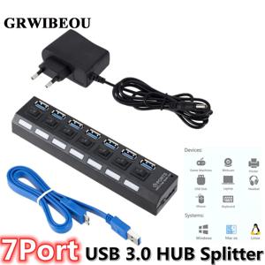 GRWIBEOU USB 3.0 허브 USB 허브 3.0 전원 어댑터 사용 멀티 USB 스플리터 7포트 멀티플 3 허브 확장기 USB 허브 스위치 포함 PC용