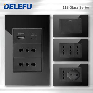 델레푸 블랙 강화유리 이탈리아 USB 타입C 고속 충전 벽면 콘센트 슈코 스위치 위성 TV 전화 초인종 칠레