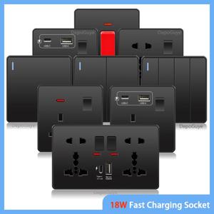범용 블랙 USB C타입 스마트 고속 충전 소켓, 영국 전기 국제 벽 조명 스위치, 이중 5 핀 전원 플러그, 18W