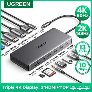 UGREEN 13-in-1 USB-C 허브 트리플 모니터 확장 4K 2xHDMI 1xDP 10Gbps USB3.2 PD100W SD/TF RJ45 도킹 (윈도우 노트북 HP Dell용)