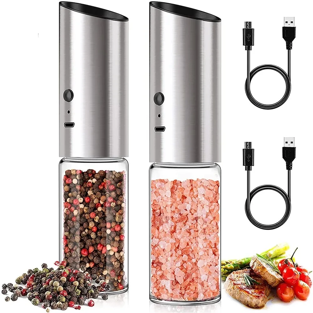 전기 소금과 후추 분쇄기 세트 USB 충전식 Eletric Pepper Mill Shakers 자동 향신료 강철 기계 주방 도구