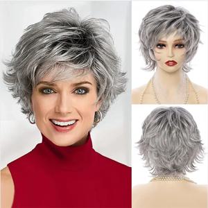 HAIRJOY ​​여성 합성 머리 내열성 섬유 짧은 곱슬 가발 회색 푹신한 레이어드 앞머리