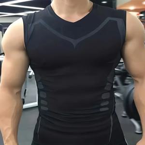 남성용 민소매 퀵 드라이 압축 탱크탑 - 통기성, 경량, 수분 흡수, 달리기, 트레이닝용 4방향 스트레치