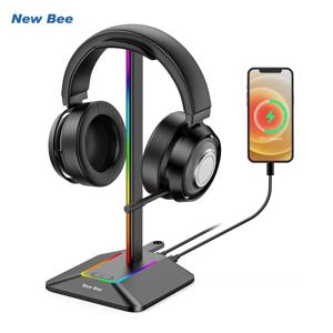 New Bee Z8 RGB 헤드폰 스탠드 거치대 데스크 게임용 헤드셋, 게이머용 미끄럼 방지 고무 베이스 거치대, 2 USB 포트, 멋진 디스플레이