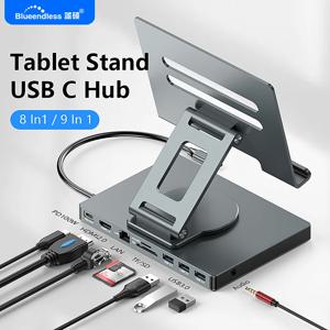 블루엔들리스 아이패드 스탠드 USB C 허브 4K 60HZ HD 타입-C 100W PD SD/TF 슬롯 리더 USB 3.0 5Gbps 9 in 1 타입-C 허브 아이패드 홀더