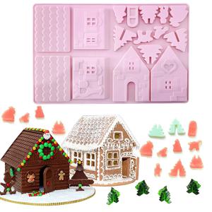 3D 크리스마스 하우스 초콜릿 금형 진저 하우스 모양 케이크 장식 실리콘 금형 DIY 비스킷 쿠키 스텐실 베이킹 트레이