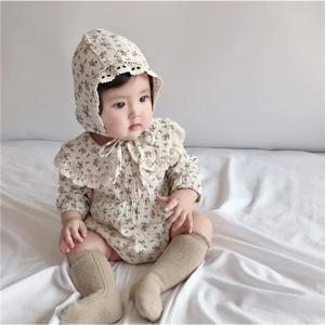 신생아 소녀 면화 꽃 인형 레이스 칼라 긴 소매 공주 Romper + 모자 정장 아기 옷 세트 0-2 세