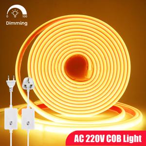 디밍이 가능한 COB 네온 스트립 AC 220V EU 영국 플러그 3000K 4000K 6000K 방수 자체 접착 홈 장식 유연한 리본 체인 라이트